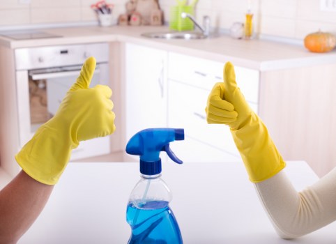Technician cleaning a carpet with safety equipment in a home