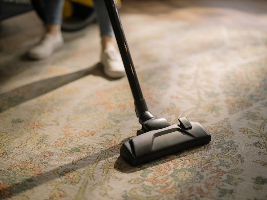 A person using a vacuum cleaner to deep clean a patterned area rug in a living room, with natural lighting highlighting the intricate floral design. The individual is wearing casual clothing and white