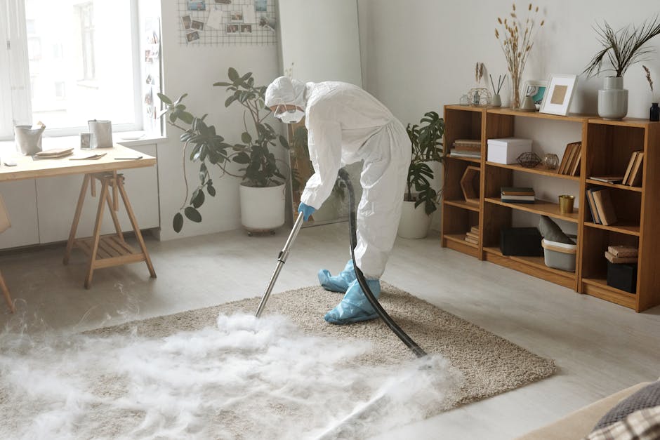 A professional cleaner dressed in a white protective suit, face shield, and blue gloves uses a vacuum or steam cleaning device on a light beige, plush area rug in a well-lit living room. The room features a wooden bookshelf with decorative items, framed photos, and books on the right side, and a wooden table with potted plants and small art pieces near a large window on the left, letting in natural light. The light-colored walls are adorned with a print, and an indoor plant in a white pot sits next to the window. The scene depicts thorough surface cleaning and deep hygienic sanitisation, carried out by Carpet Cleaning Kentish Town in a domestic setting, ensuring the carpet's cleanliness and hygiene.